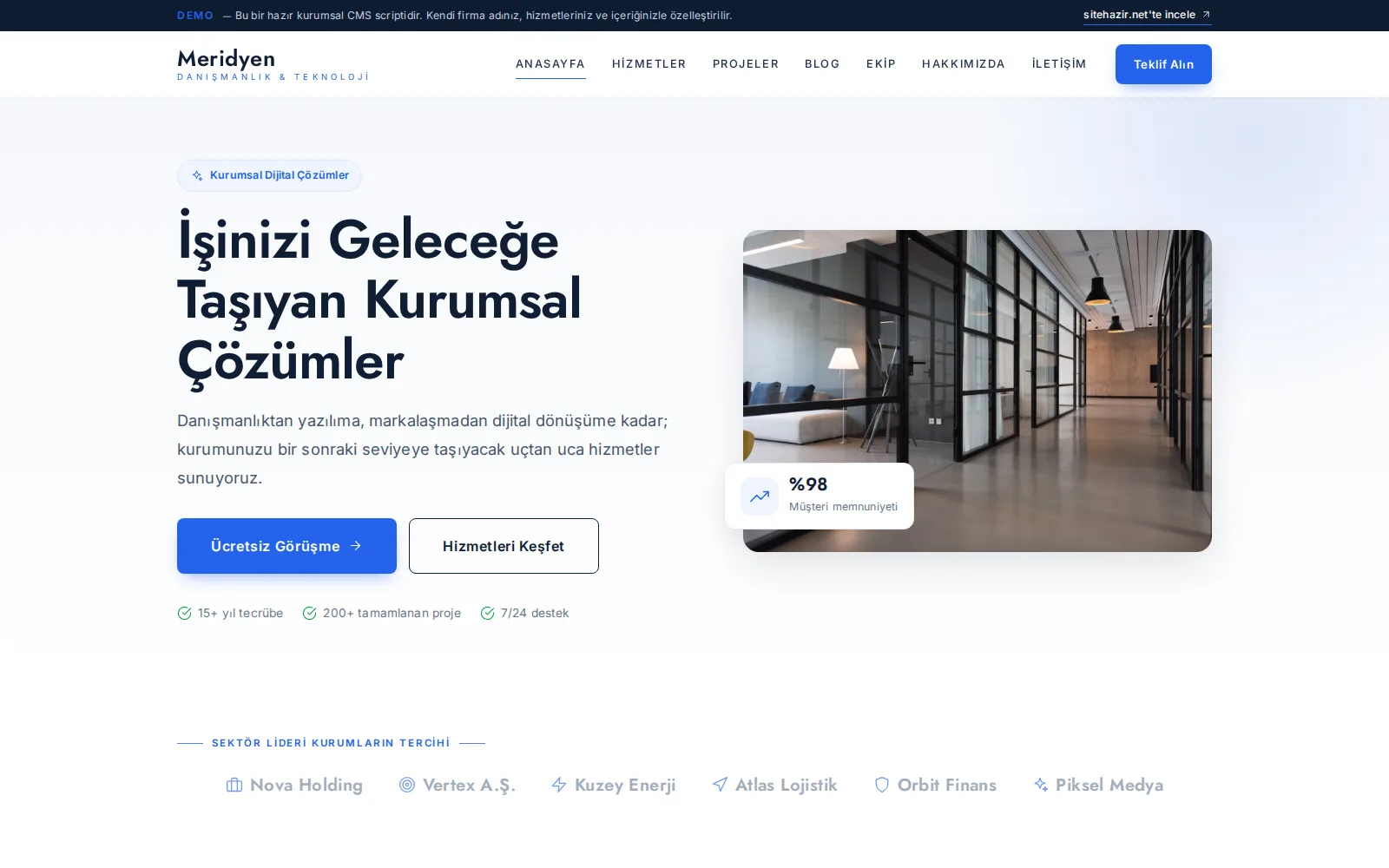 Ana sayfa: slider, hizmetler ve projeler bölümleri
