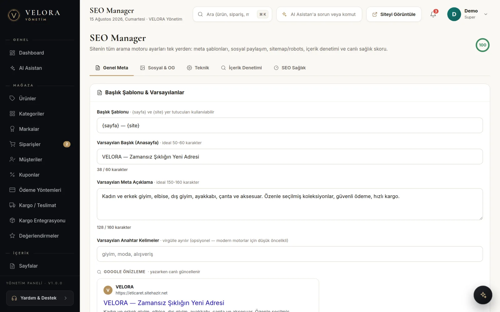 SEO Manager — meta şablonları, canlı Google önizleme, otomatik onarım