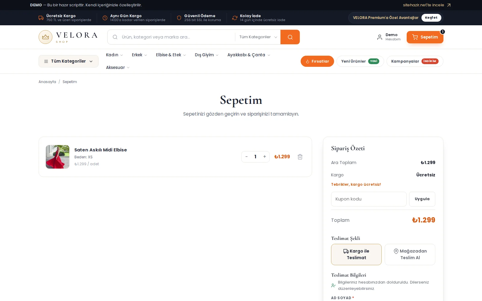 Sepet — kupon, kargo ya da mağazadan teslim seçimi