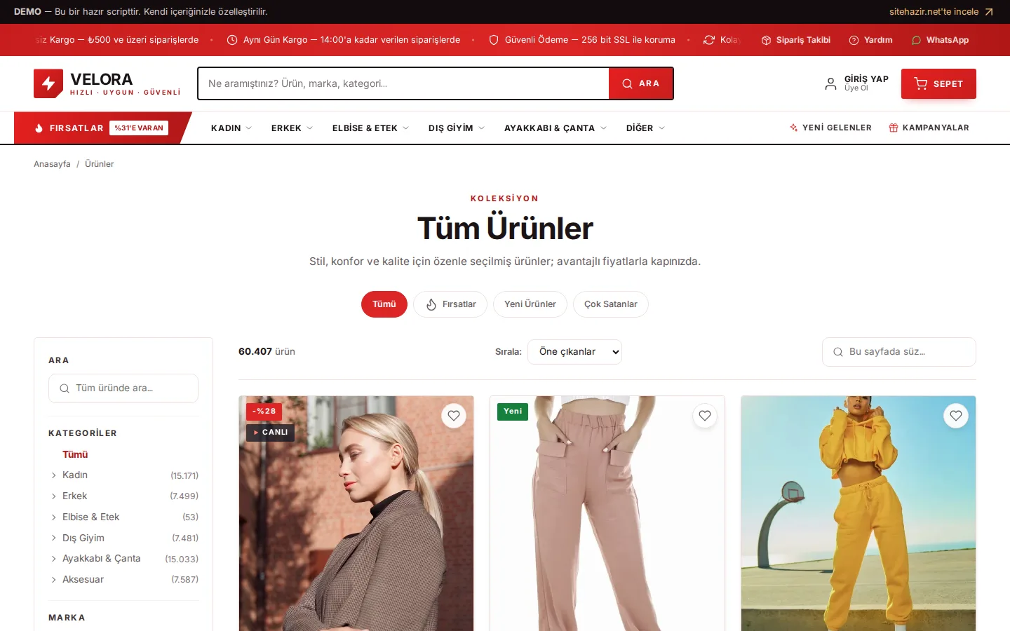 Ürün listesi & filtreler